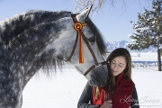 purebred Grey Andalusian stallion in snow, with girl in Longmont, CO