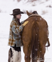 Flitner Ranch, Shell, WY, horses in winter, cowgirl and her horse in the snow