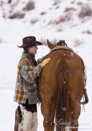 Flitner Ranch, Shell, WY, horses in winter, cowgirl and her horse in the snow