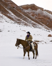 cowgirl on quarter horse standing in the snow at Flitner Ranch, Shell, WY
