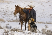 Flitner Ranch, Shell, WY, horses in winter, cowboy, horse and dog in the snow