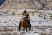 Flitner Ranch, Shell, WY, horses in winter, cowboy making a loop while riding in the snow