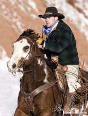 Flitner Ranch, Shell, WY, horses in winter, cowboy running horse in snow