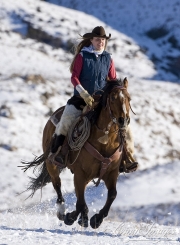 Flitner Ranch, Shell, WY, horses in winter, cowgirl riding horse in snow