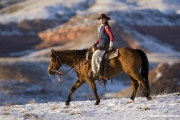 Flitner Ranch, Shell, WY, horses in winter, cowgirl riding purebred quarter horse in snow