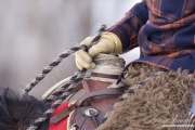 Flitner Ranch, Shell, WY, horses in winter, detail of cowboy's work gloves on saddle horn