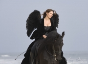 Black Angel on black purebred Friesian stallion on the beach in Ojai, CA